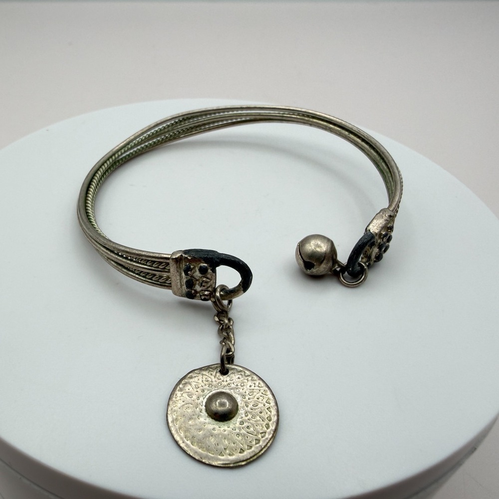 Vintage Y2K Silver Tone Bell Coin Charm Cuff Bracelet Boho Women's Jewelry